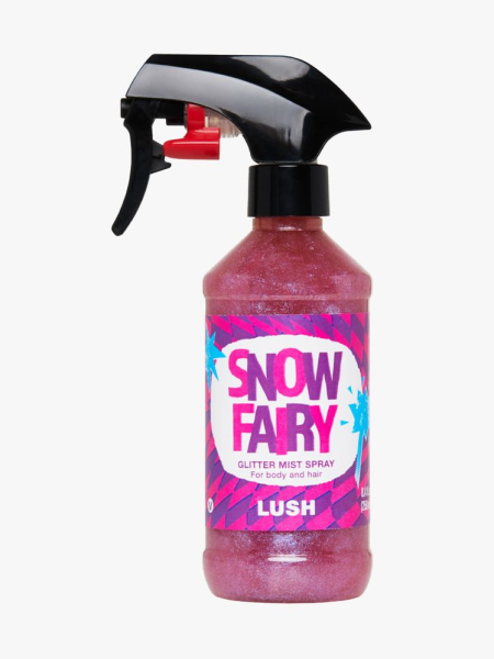 Lush Snow Fairy Glitter Mist in branded component on a light gray background