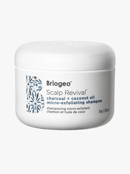 Briogeo Scalp Revival Charcoal & Coconut Oil Micro-exfoliating Scalp Scrub Shampoo in branded tub component on a light gray background