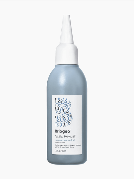 Briogeo Scalp Revival™ Rosemary Pre-Wash Scalp and Hair Oil in breanded bottle component with white accents and white cap on light gray background