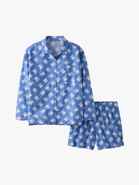 Hanna Andersson Women's Long Sleeve Linen Pajama Set in branded components on a light gray background