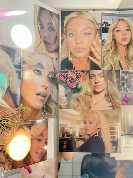 A photo of images of Sydney Sweeney in her makeup looks from inside the Euphoria season 3 makeup trailer.