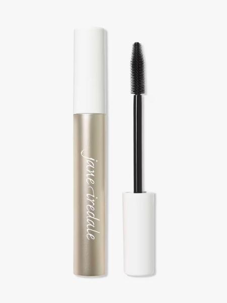 Jane Iredale Lash Fixation Length & Definition Tubing Mascara gold and white vial of mascara on light gray background