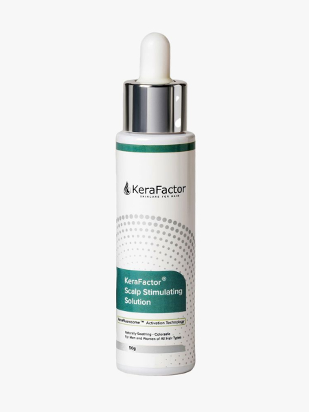 KeraFactor Scalp Stimulating Solution in branded dropper component on a light gray background