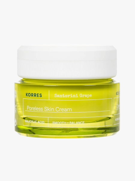 Korres Santorini Grape Poreless Skin Cream in branded tub component on a light gray background