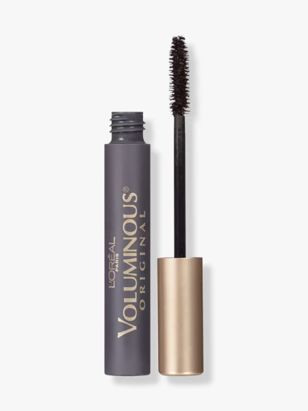 L’Oréal Paris Voluminous Original Washable Mascara gray and gold vial of mascara on light gray background