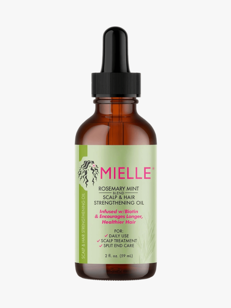 Mielle Organics Rosemary Mint Scalp & Hair Strengthening Oil in branded dropper component on a light gray background