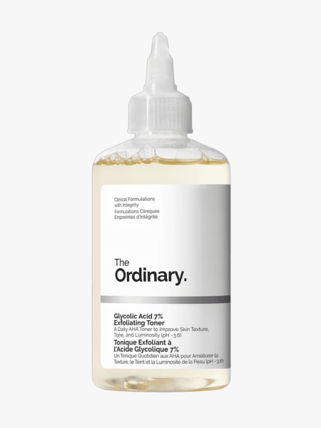 The Ordinary Glycolic Acid 7% Exfoliating Toner in branded bottle component on a light gray background