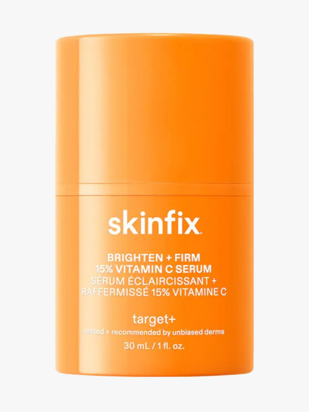 SkinFix Brighten + Firm 15% Vitamin C Serum in branded component on a light gray background