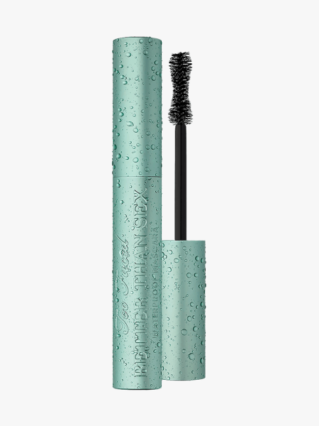 Too Faced Better Than Sex Waterproof Mascara in soft aqua green packaging on light gray background