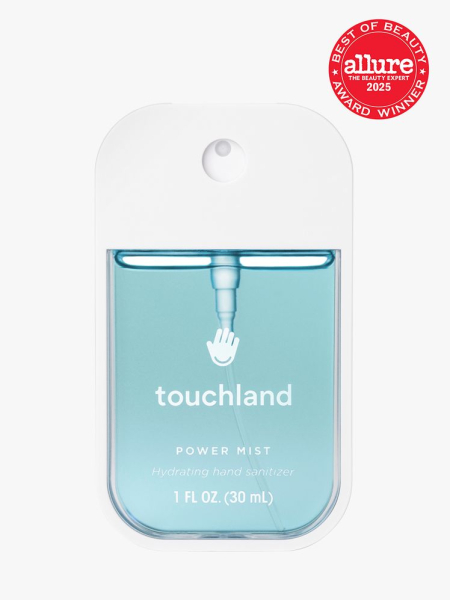 Power Mist Hand Sanitizer in clear and white branded packaging on light gray background with red Allure Best of Beauty seal in the top right corner