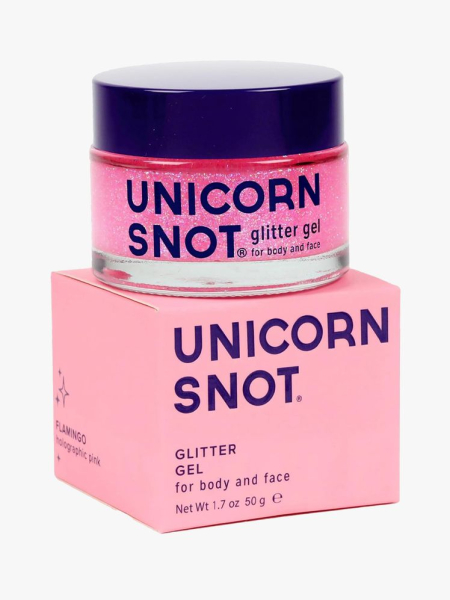Unicorn Snot Face and Body Glitter Gel in branded tub component on a light gray background