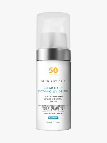 SkinCeuticals Clear Daily Soothing UV Defense Sunscreen SPF 50 in branded component on a light gray background