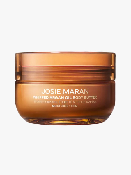 Josie Maran Whipped Argan Oil Refillable Firming Body Butter in branded tub component on a light gray background